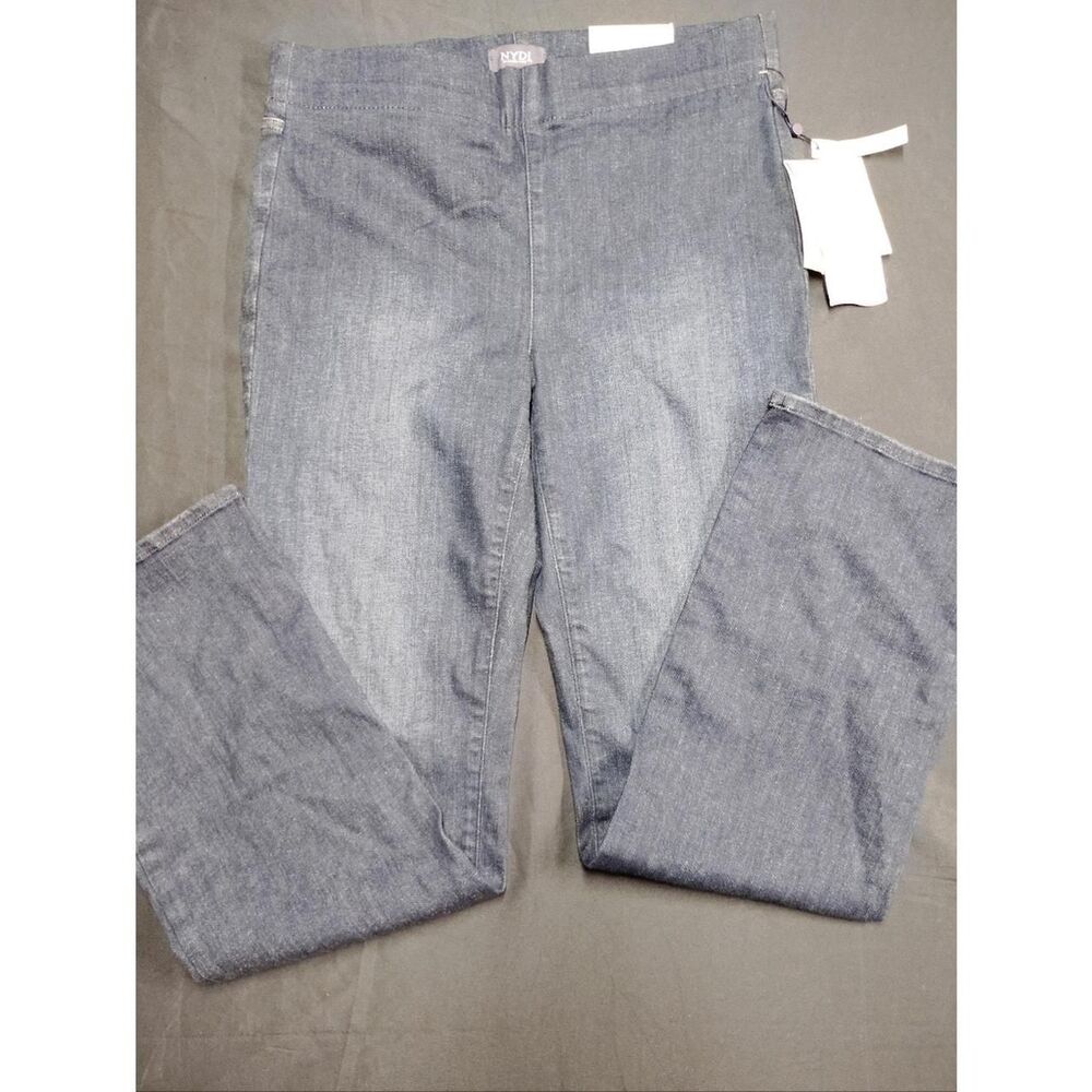 NYDJ Pull on Elastic Waist Straight Leg Jeans in Dark Blue Wash